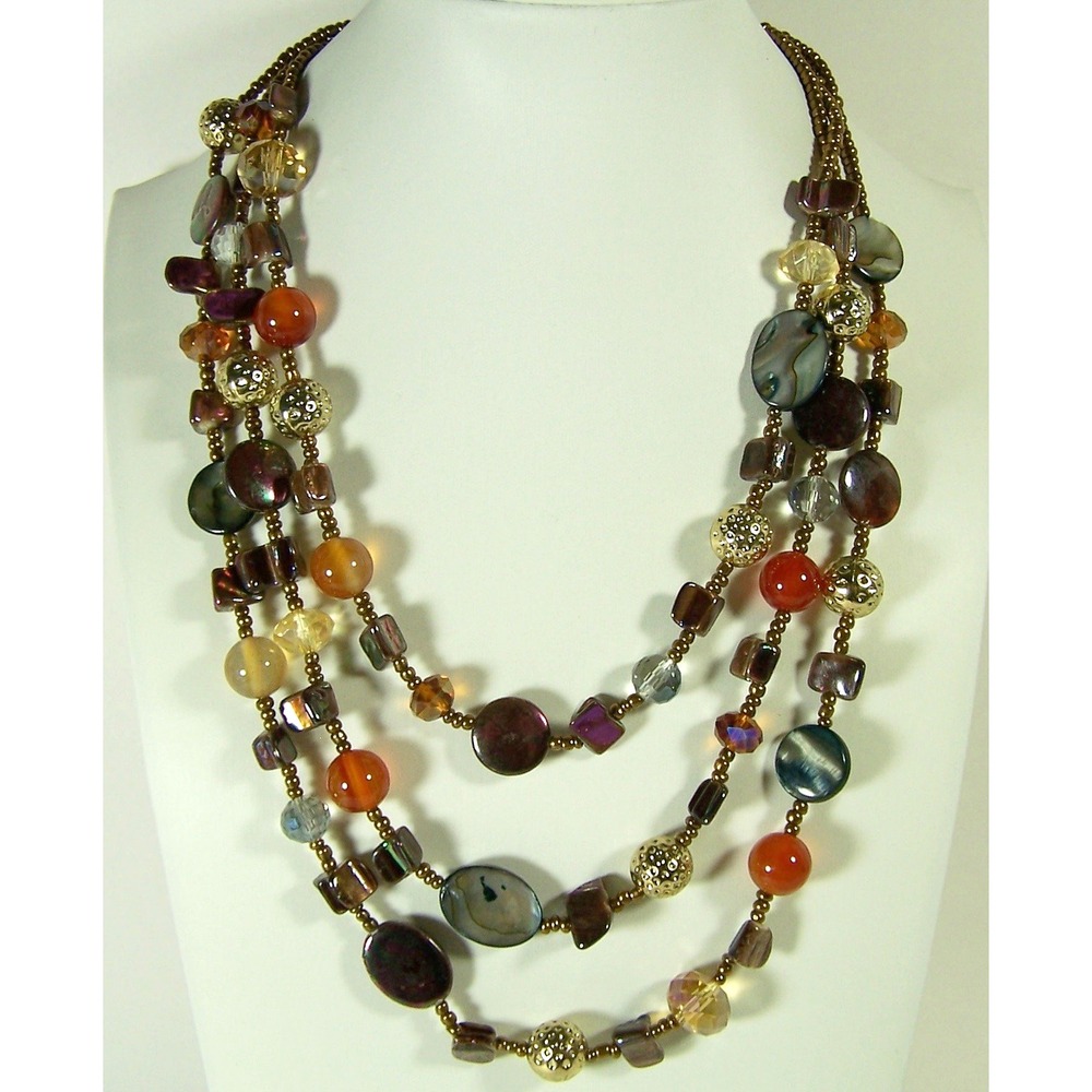 Semi Precious Gemstone Carnelian Shell Metal Beads Multi Strand Necklace